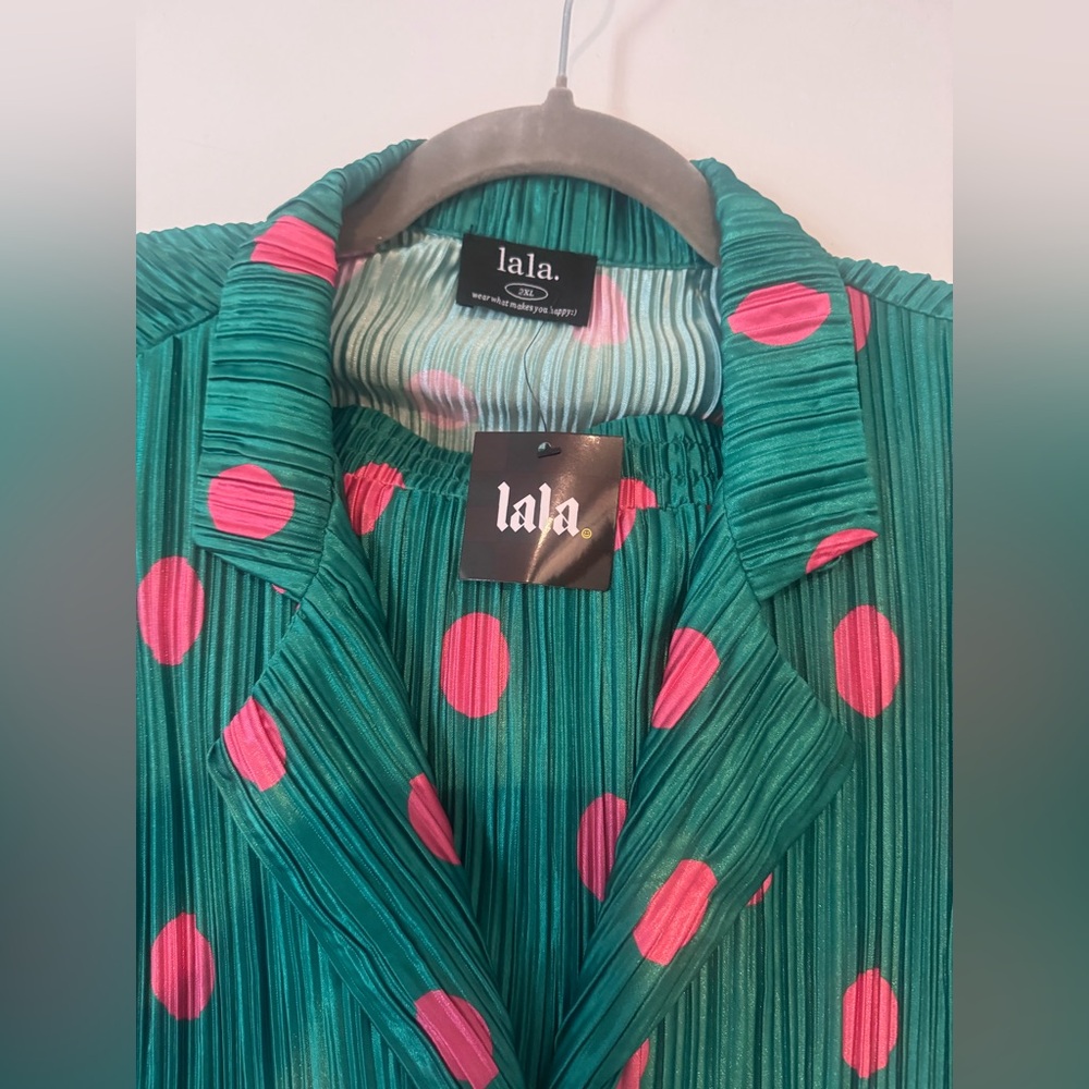 Dressed in LaLa Green Pink Polka Dot Button-Front Plisse Pants Top Set NWT Plus - Picture 9 of 9